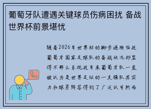 葡萄牙队遭遇关键球员伤病困扰 备战世界杯前景堪忧